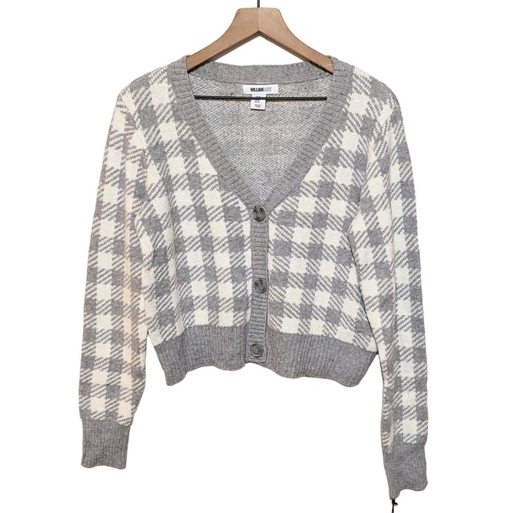 William Rast Womens Gingham Check Plaid Cardigan Sweater Size M Gray White NWT